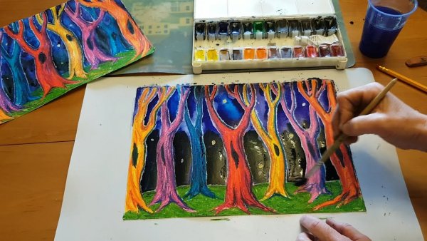 Восковые мелки и акварель