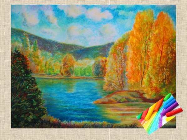 Пейзаж осени цветными карандашами