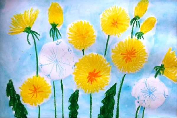 Одуванчики (рисование манной крупой)