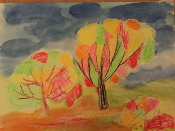Рисование восковыми мелками осень