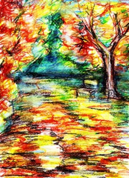 Осенний пейзаж цветными карандашами