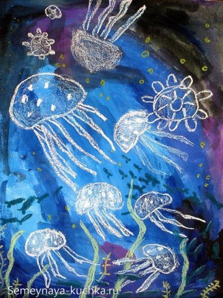 Подводный мир восковые мелки акварель