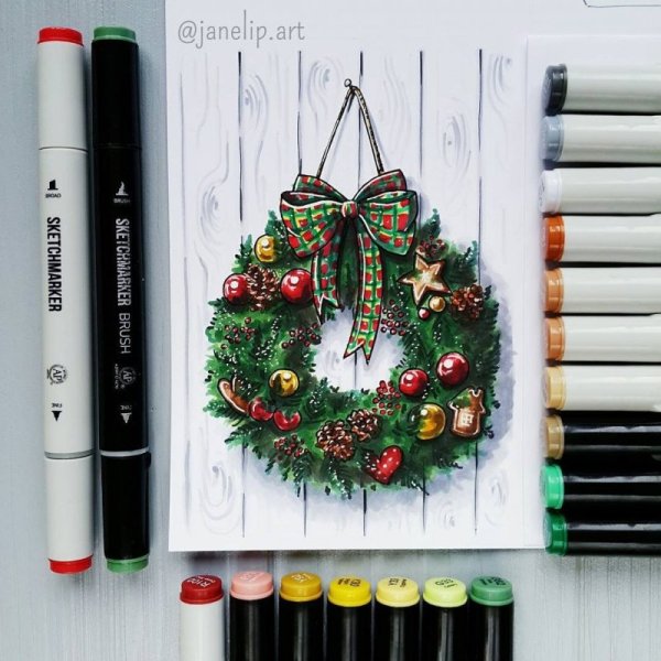 Рождественский венок скетч маркерами