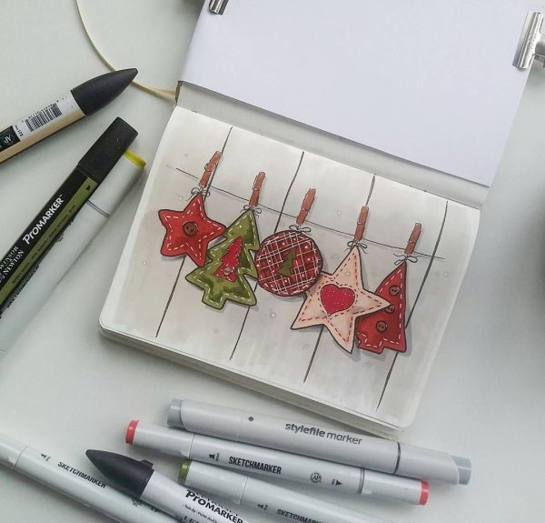 Новогодние скетчи маркерами
