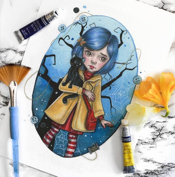 Коралина в стране кошмаров арт акварель