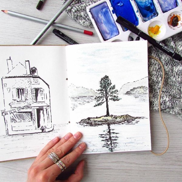 Рисование акварелью и линером