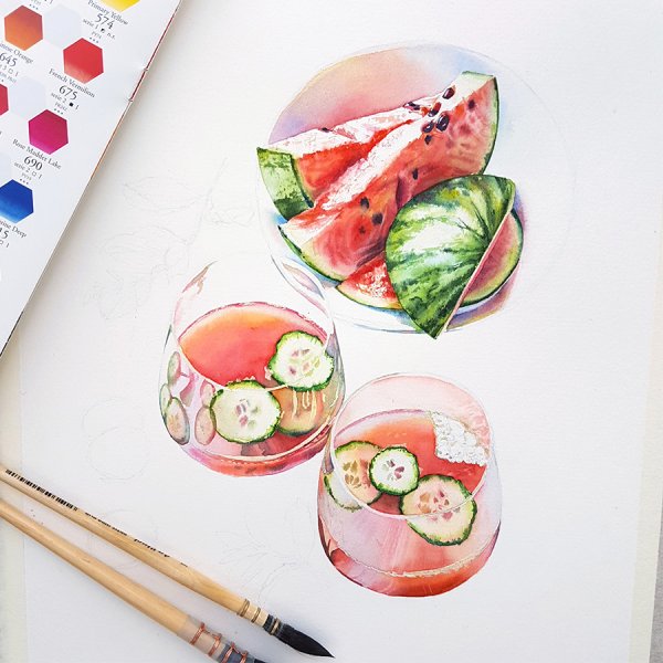 Скетч Арбуз акварель