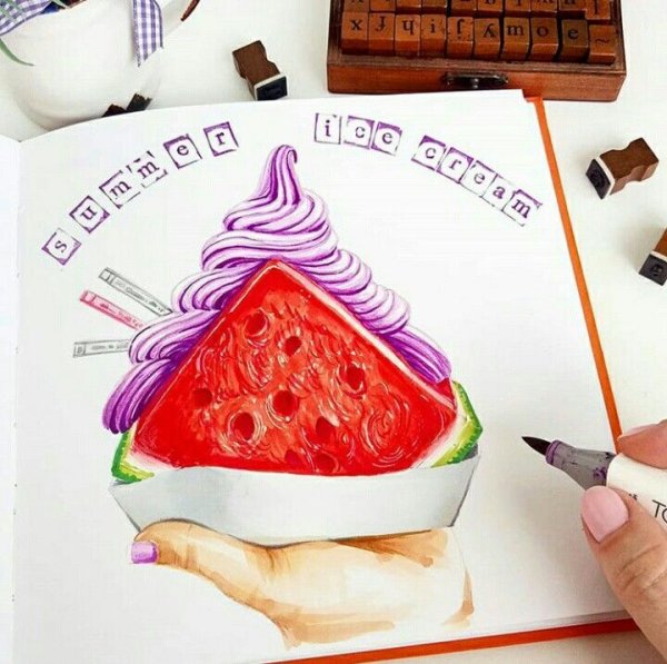 Арбуз маркерами для скетчинга