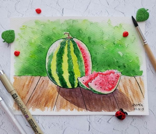 Скетч Арбуз акварель