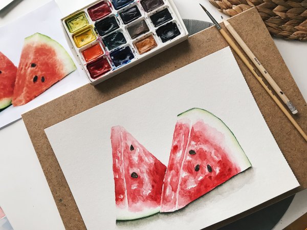 Арбуз акварелью для начинающих