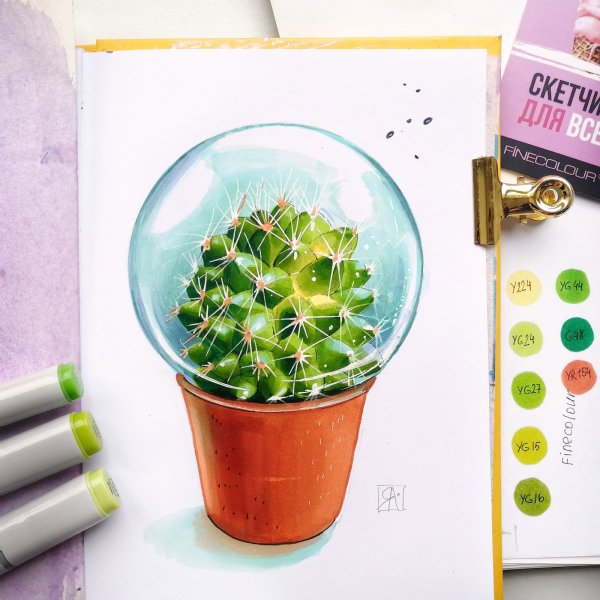 Кактус скетч маркерами
