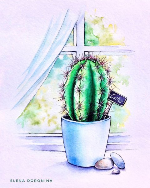 Кактус гуашью