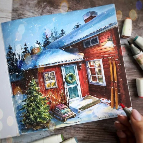 Новогодняя открытка маркерами для скетчинга