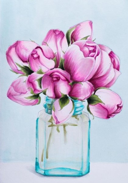 Тюльпаны в вазе акварелью