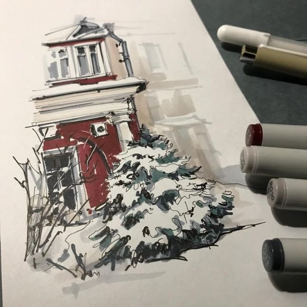 Зимний пейзаж скетч маркерами