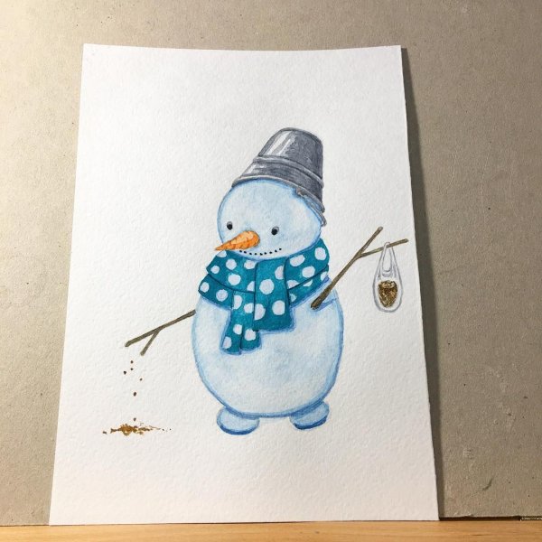 Снеговичок акварелью