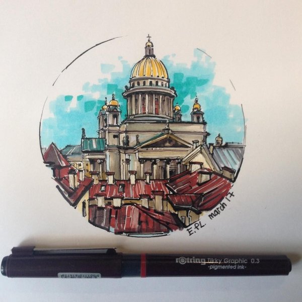 Скетчинг архитектура Санкт-Петербург маркерами Исакиевский собор