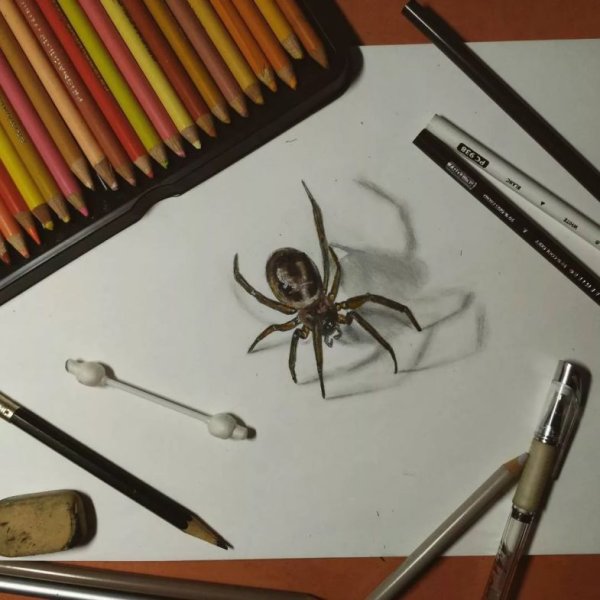 Рисунок паука реалистично маркерами