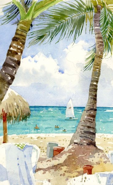 Море пальмы акварель