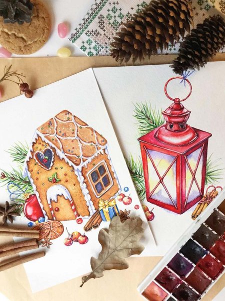 Рождественские скетчи акварелью