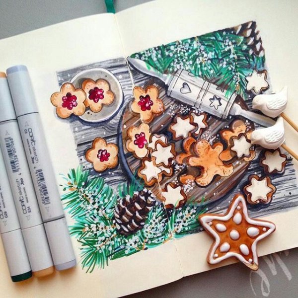 Новогодние скетчи маркерами