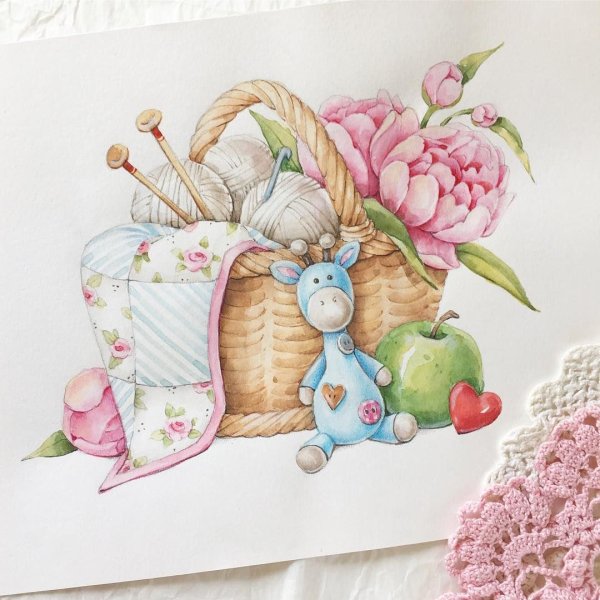 Цветы акварелью и черной ручкой