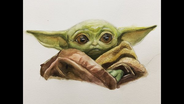 Малыш йода акварелью