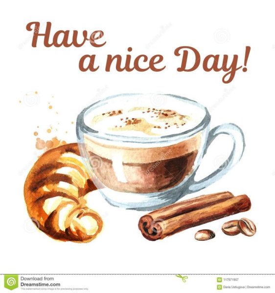 Кофе с круассаном акварель