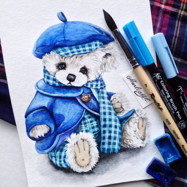 Плюшевый мишка акварелью