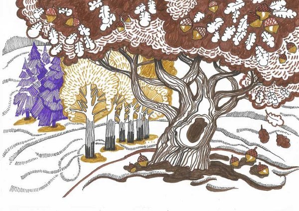 Пейзаж с домиком акварелью