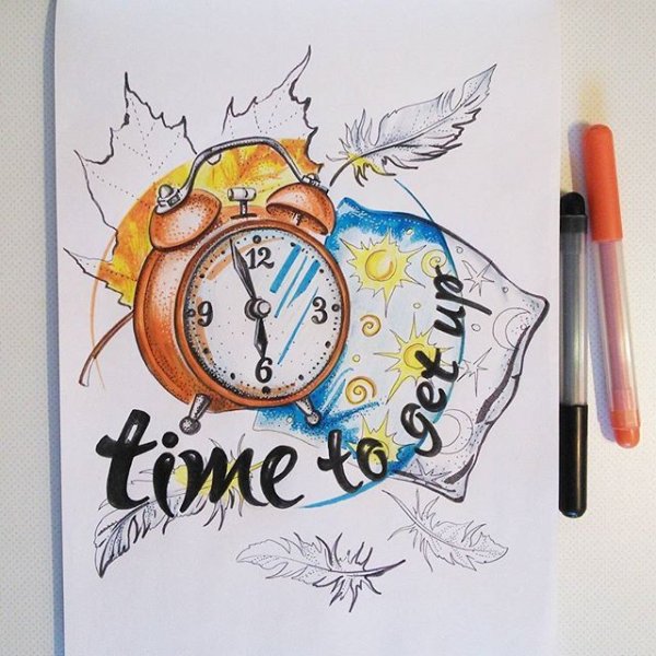 Скетч будильник акварелью