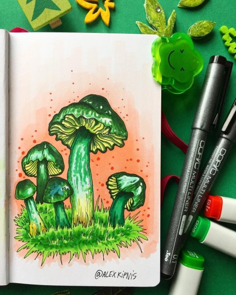 Нарисовать грибы маркерами