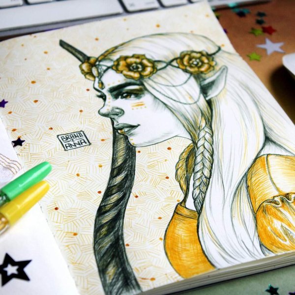 Девушка Эльф в скейч Буке