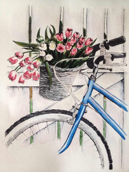 Скетчинг велосипед с цветами