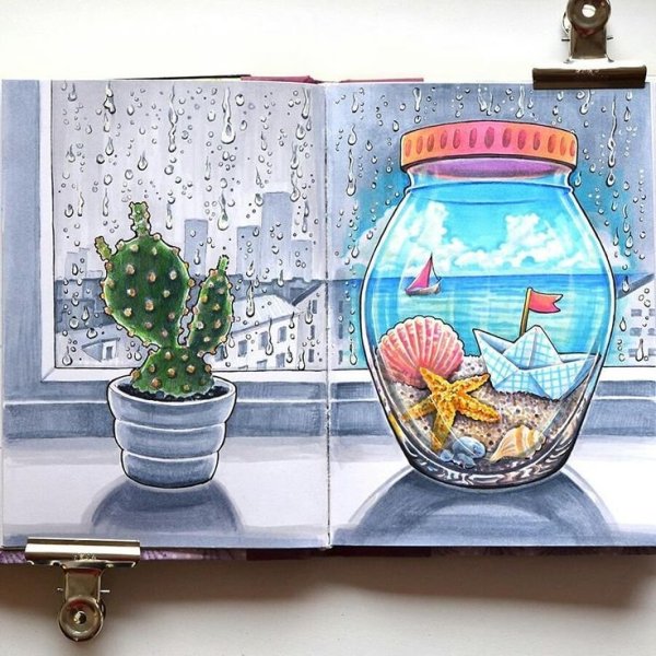 Рисунки акварелью море в банке