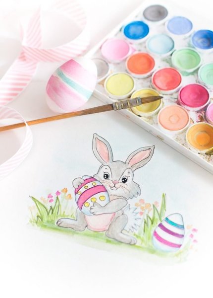 Рисование для детей Пасхальный зайчик красками