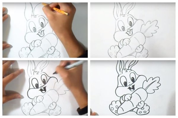 Поэтапное рисование зайчика с морковкой