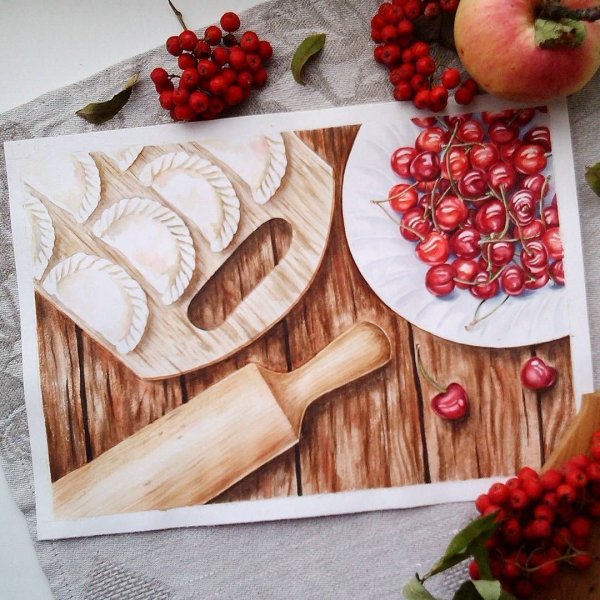 Пельмени рисунок акварелью
