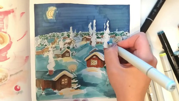 Рисование снега фломастерами