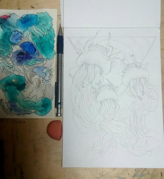 Скетч медузы акварелью