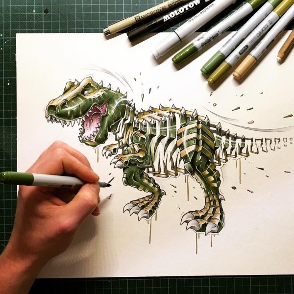 Динозавр скетч маркерами