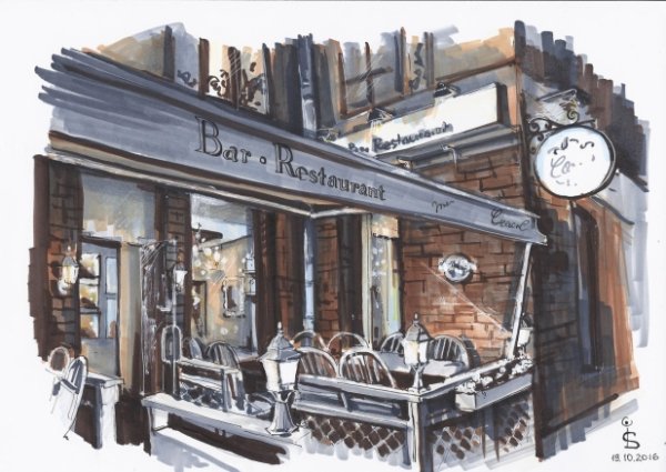 Рисунки маркерами дома и кафе