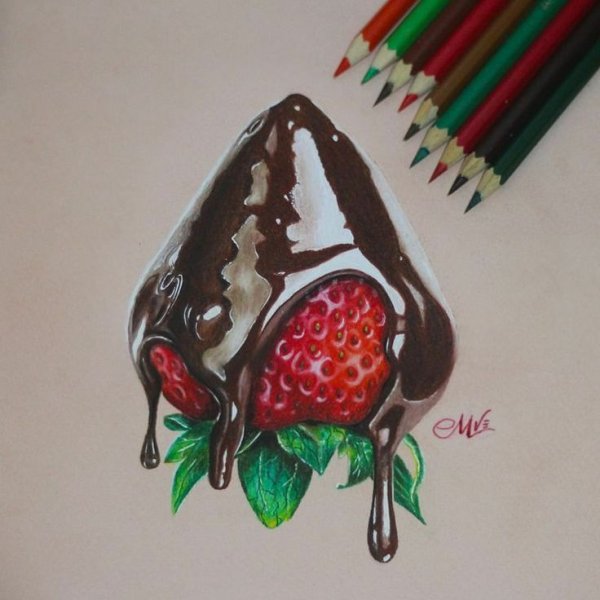 Клубника в шоколаде акварельными карандашами