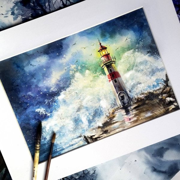 Скетч Маяк акварелью