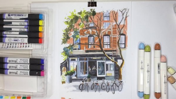 Домик фломастерами скетчинга