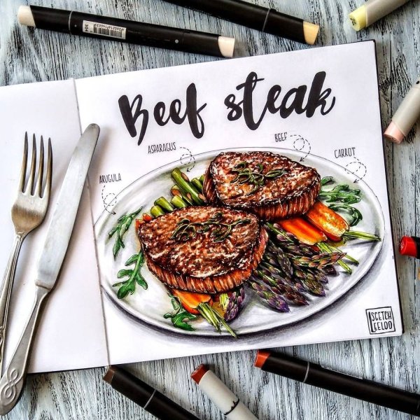 Скетчи еды блюд маркерами