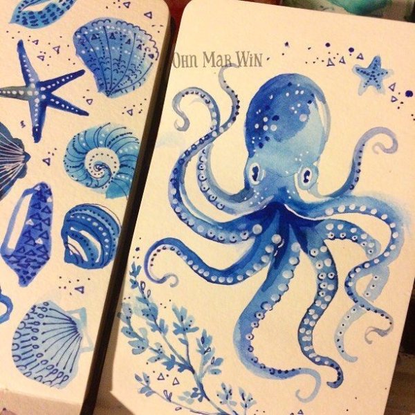 Морские обитатели акварелью