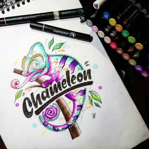Рисунки маркерами хамелеон