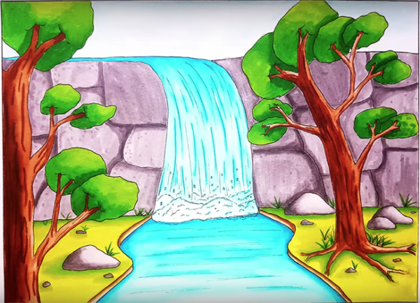 Водопад рисунок карандашом