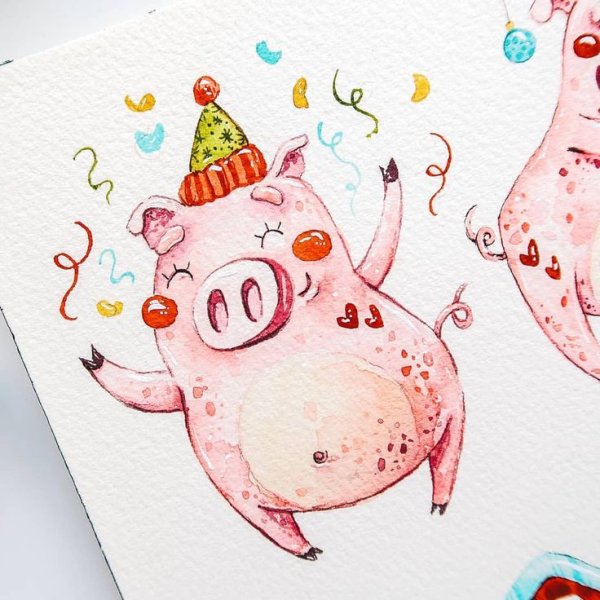 Поросенок Новогодняя акварелью